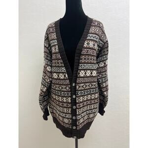 Fair Isle Scotland Hand Frame Knitted Pure New Wool Cardigan Brown Multi Pattern